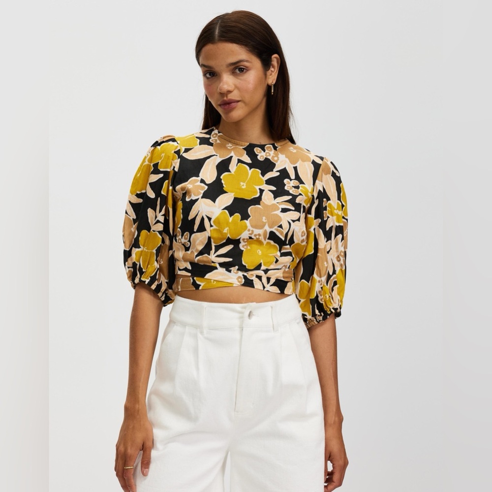 AERE Floral Linen Cross-Back Top Size AU 10